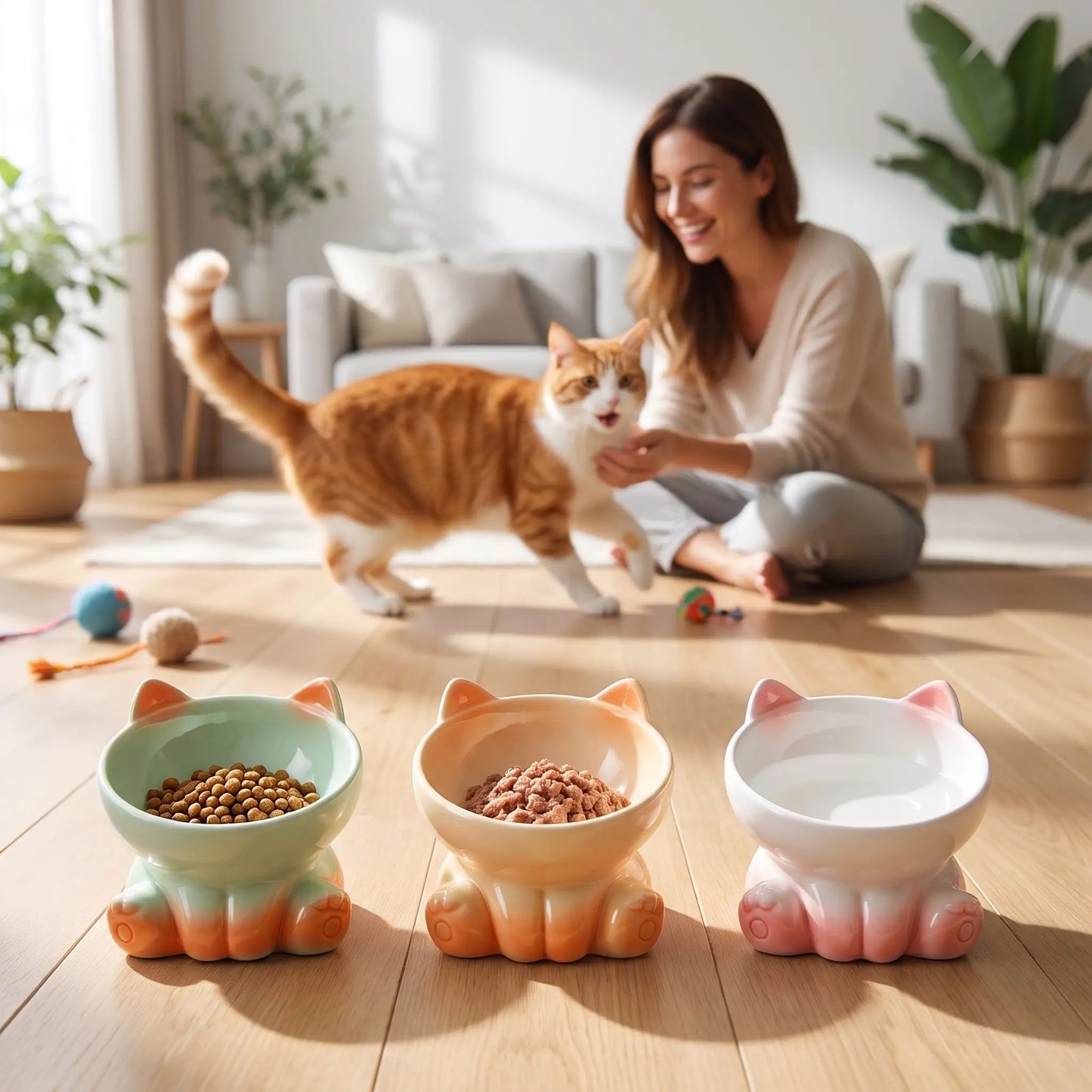 Gamelle ceramique pour chat verte orange blanche chat joue