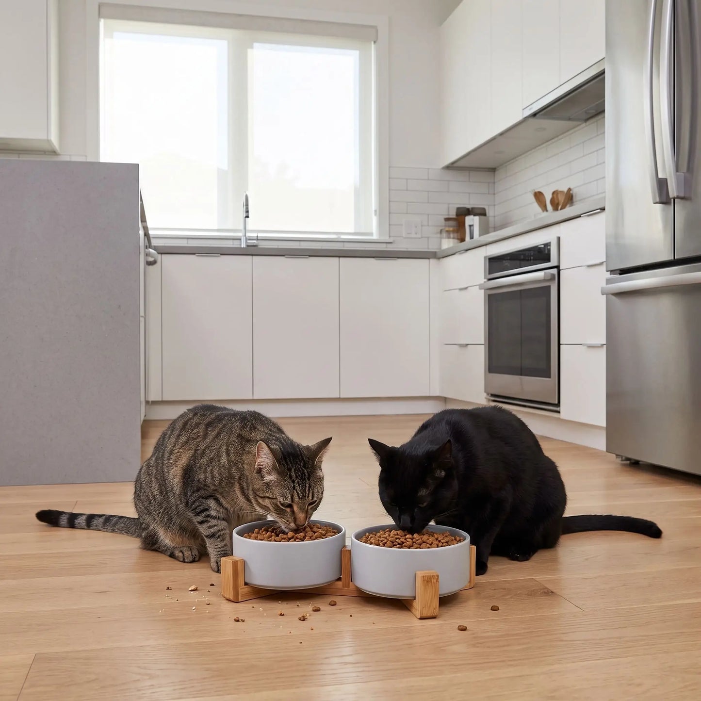 Gamelles chats grises deux chats mangent dans cuisine