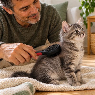 Brosse chaton côté poils homme brosse chaton assis plaid