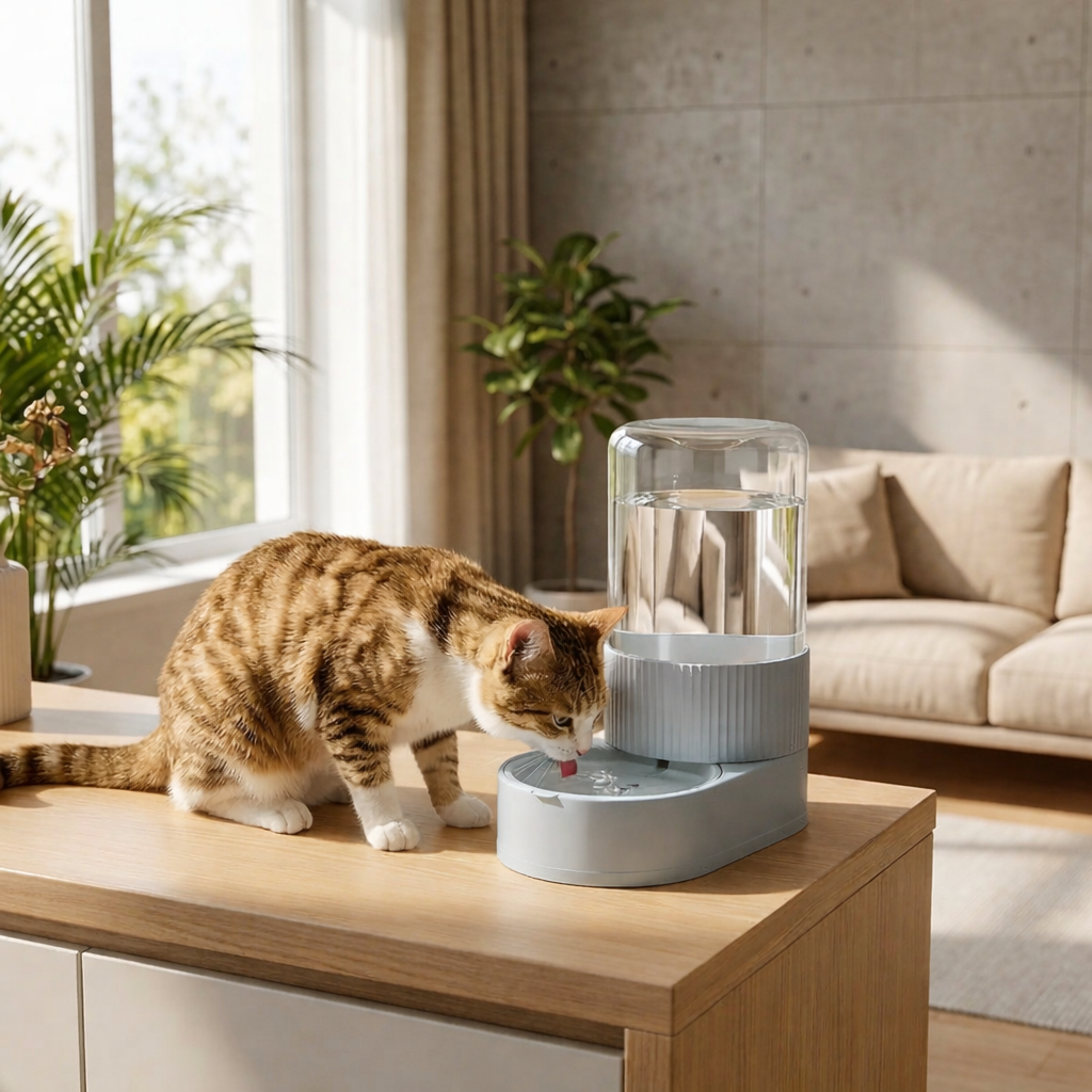 chat boit dans chat buvant dans distributeur d'eau pour chat gris