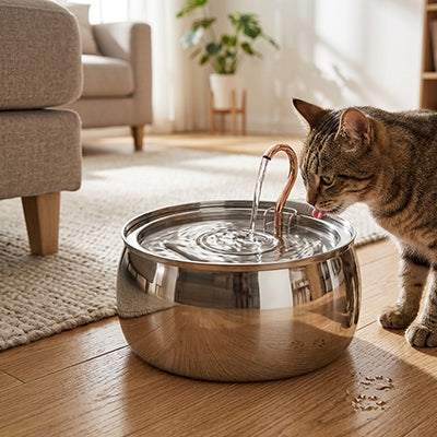 chat buvant dans fontaine a eau chat inox