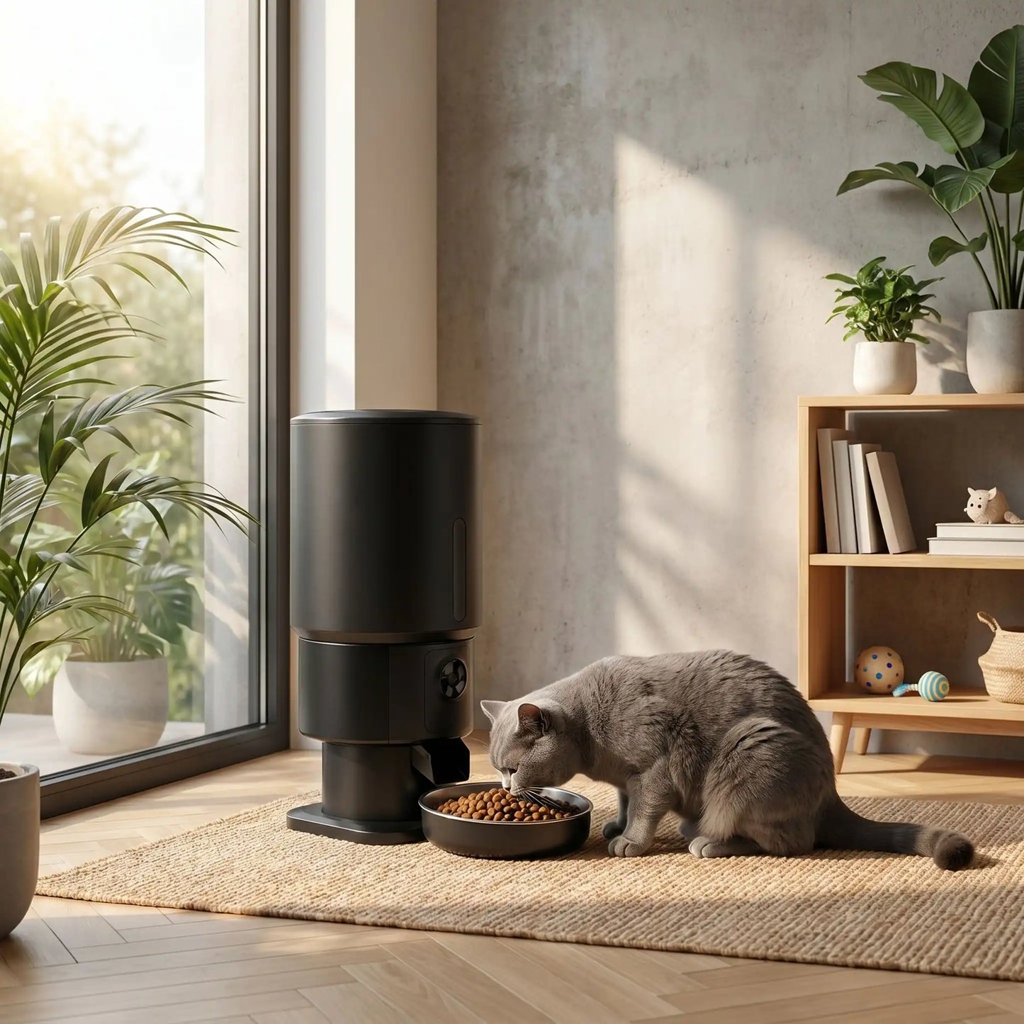 chat gris mange dans distributeur automatique de croquettes noir