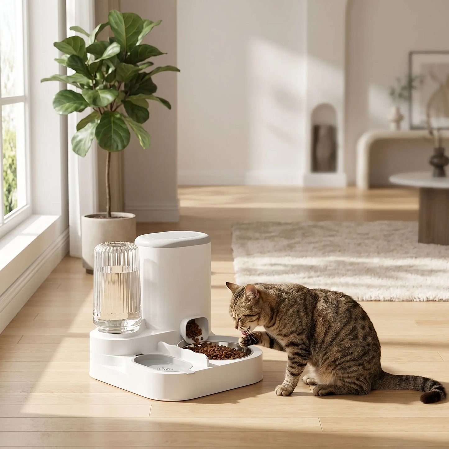 chat lechant la patte devant distributeur eau et croquette chat