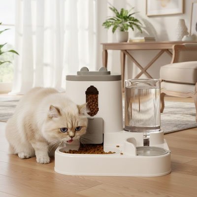 chat persan mange dans distributeur croquettes eau chat gris
