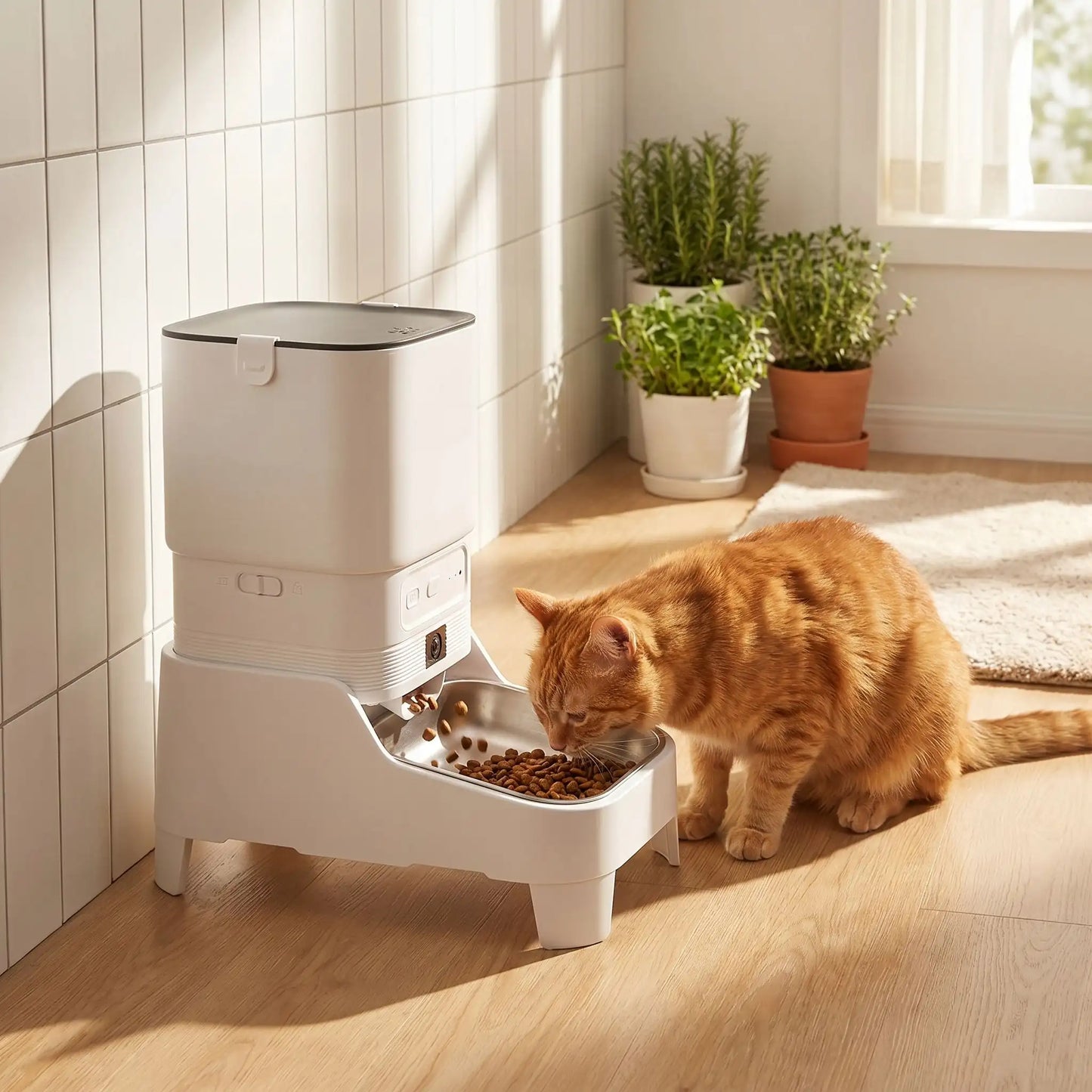 chat roux mange dans distributeur automatique croquettes chat