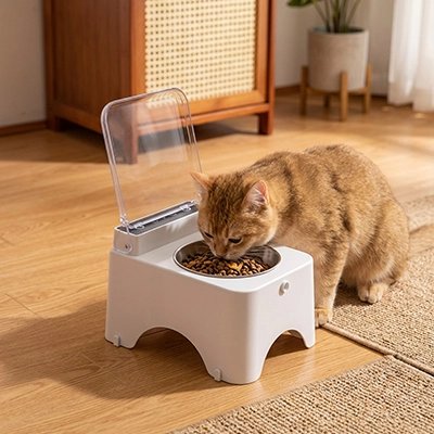 Gamelle automatique pour chat avec couvercle transparent et chat roux