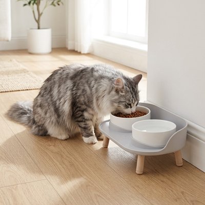Gamelle surélevée chat grise double bol blancs chat mange