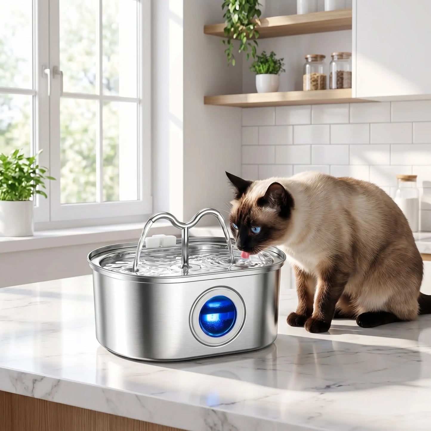 siamois boit dans fontaine a eau chat inox dans cuisine