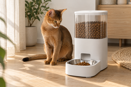 Distributeur de croquettes pour chat automatique blanc chat abyssin l'observant