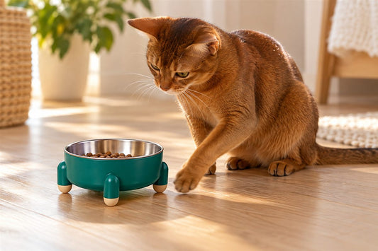 Chat roux gratte autour de gamelle chat verte