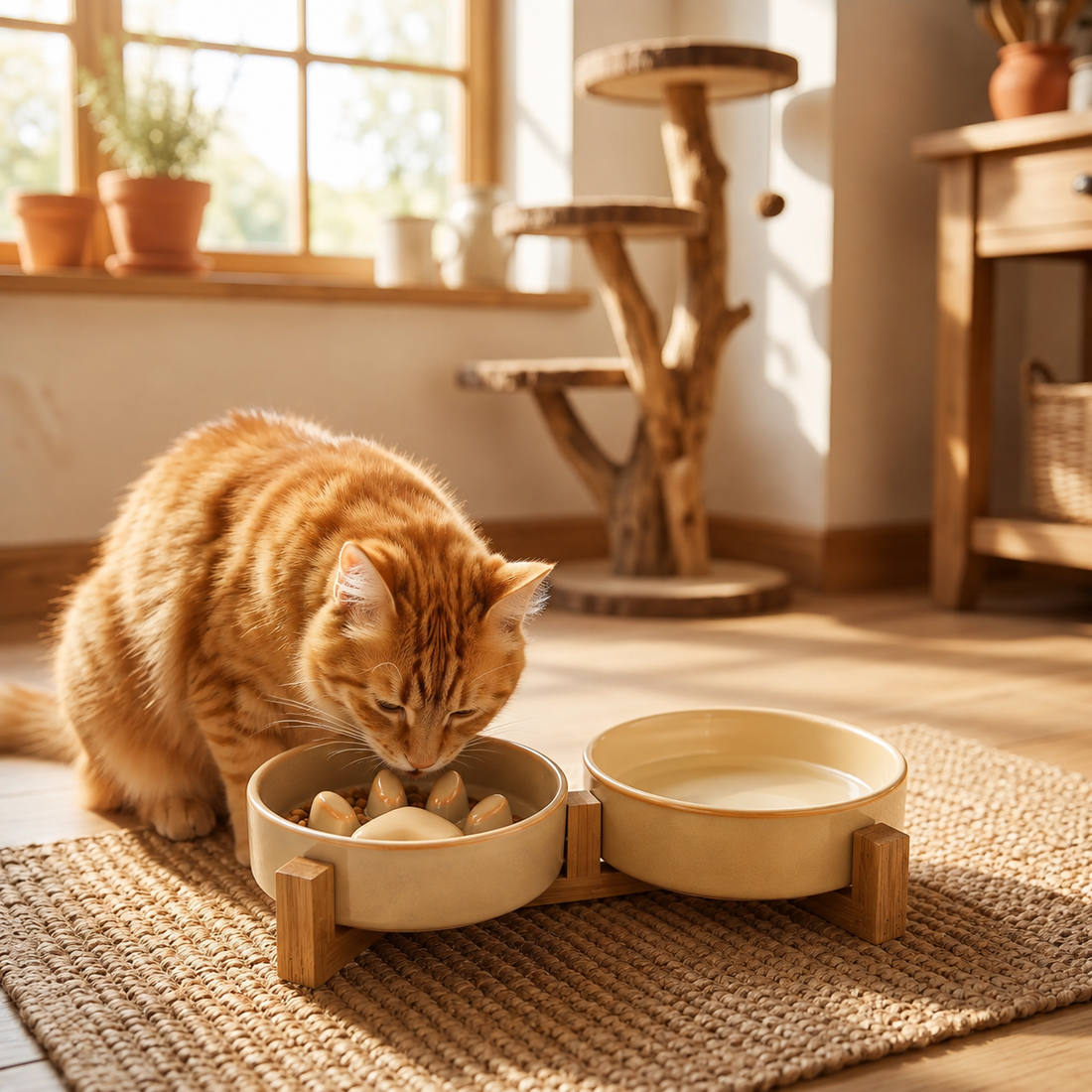 Gamelles anti glouton chat beiges chat roux mange