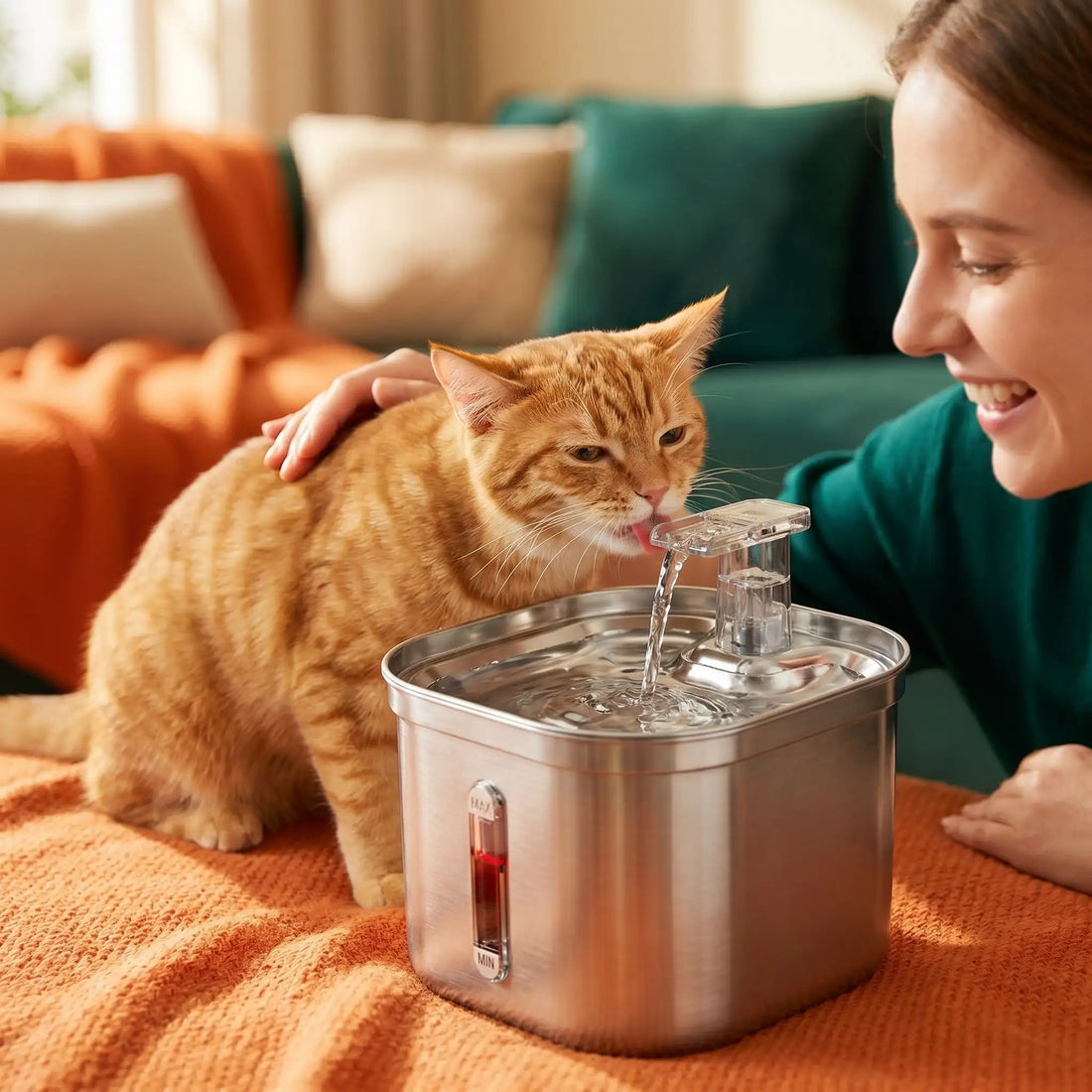 chat-boit-dans-fontaine-a-eau-chat-avec-maitresse-heureuse