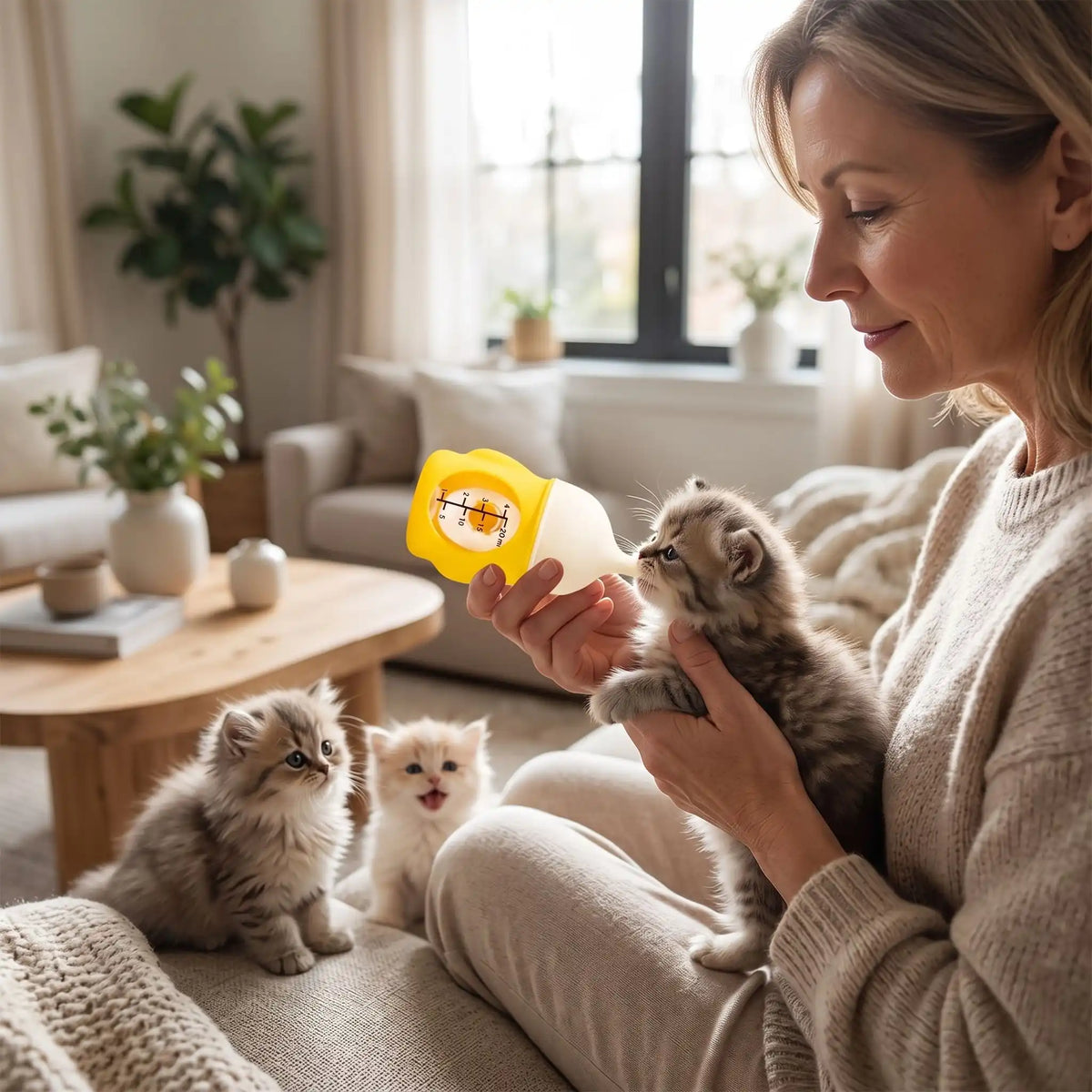 Biberon chaton jaune femme nourrissant chatons