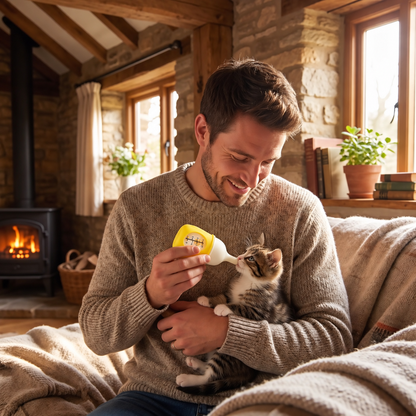 Biberon chaton jaune homme nourrissant chaton dans salon cosy