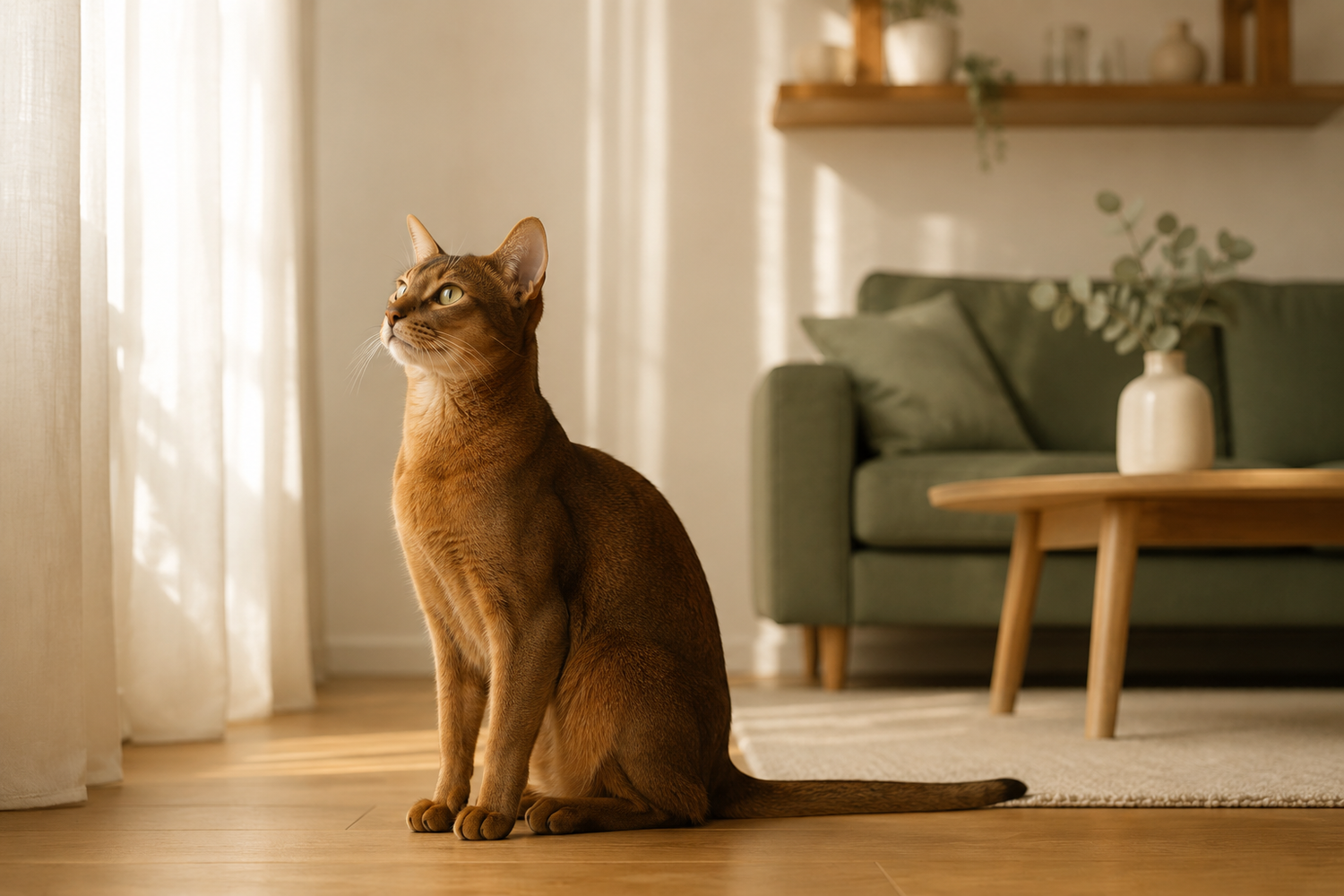 Chat abyssin assis dans un salon lumineux