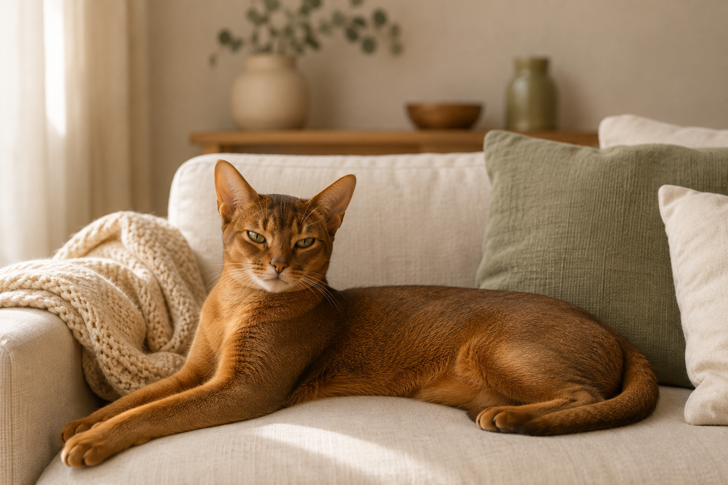 Chat abyssin détendu sur un canapé