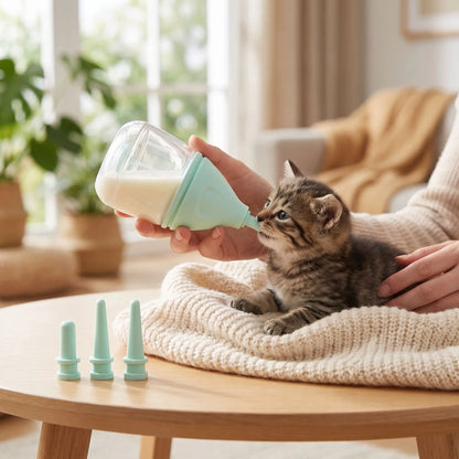 Chatons biberon bleu avec tétines sur table chaton biberonné