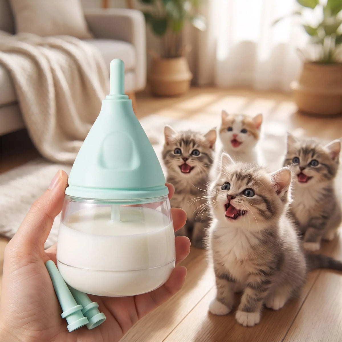 Chatons biberon bleu en main rempli de lait chatons impatients
