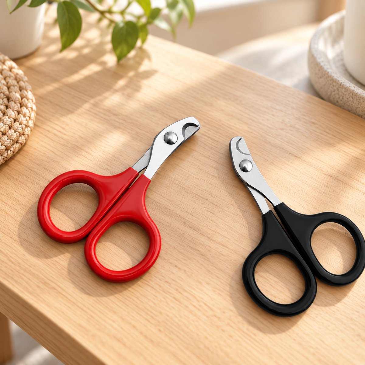 Coupe griffes pour chats rouge noir posés table bois
