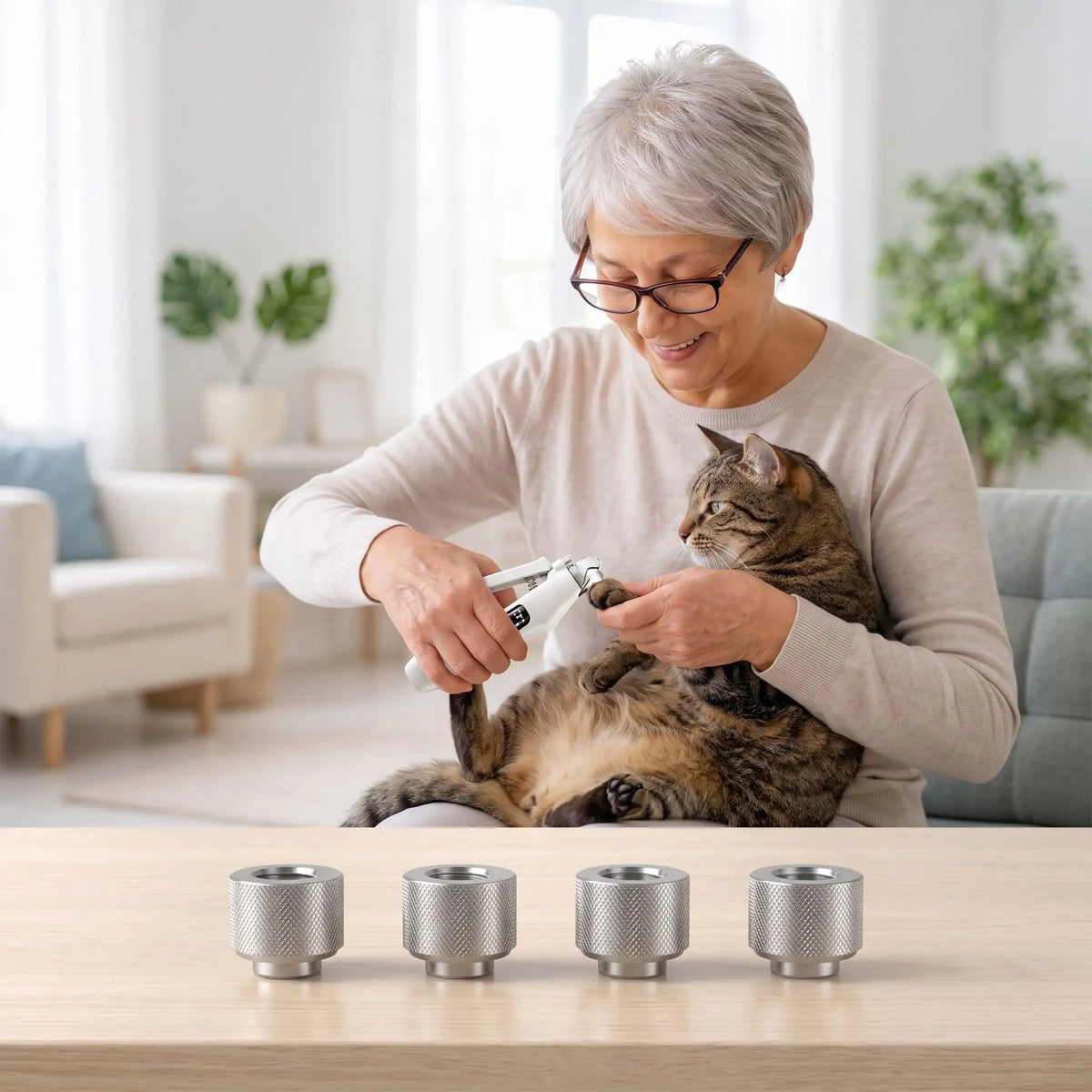 Coupe ongle chat 4 embouts lime femme âgée chat tigré 