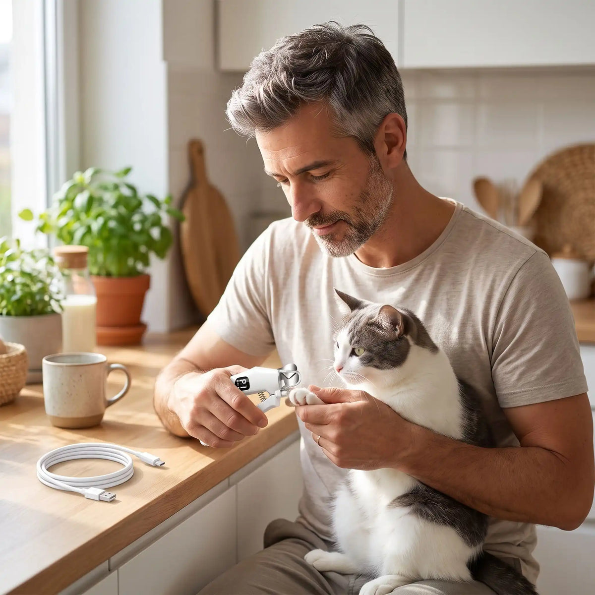 Coupe ongle chat homme taillant griffe chat dans cuisine 
