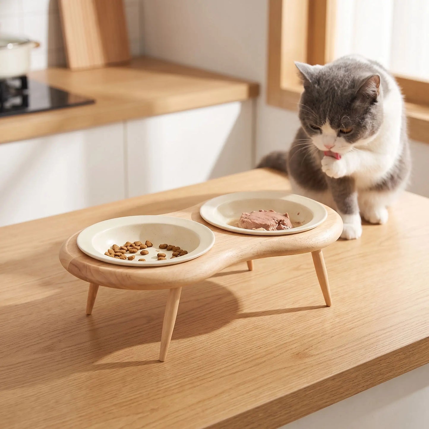 Double gamelle chat surélevée blanche chat léchant sa patte