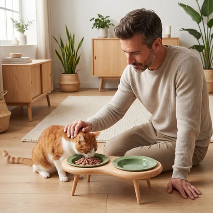 Double gamelle chat surélevée verte chat mange homme caresse chat