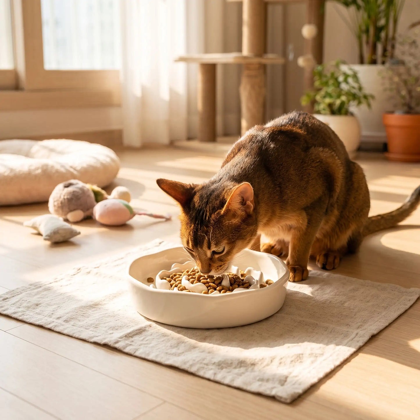 Gamelle anti-glouton chat blanche chat abyssin mange croquettes