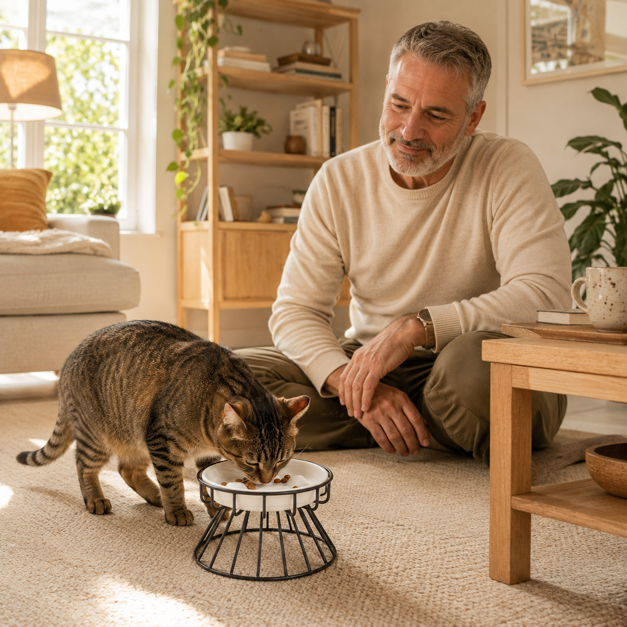 Gamelle anti glouton chat blanche homme regarde chat manger