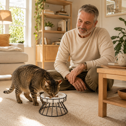 Gamelle anti glouton chat blanche homme regarde chat manger