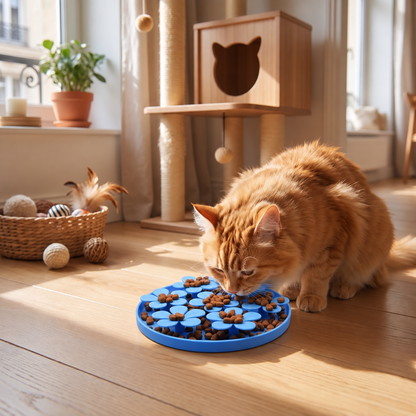 Gamelle anti-glouton chat bleue chat roux mange