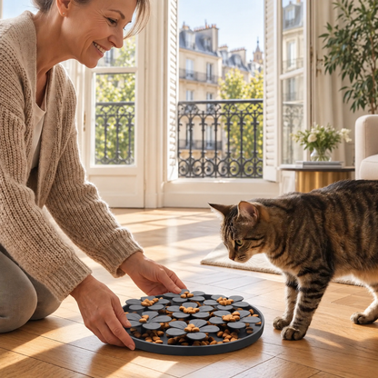 Gamelle anti-glouton chat bleue dame pose repas au chat