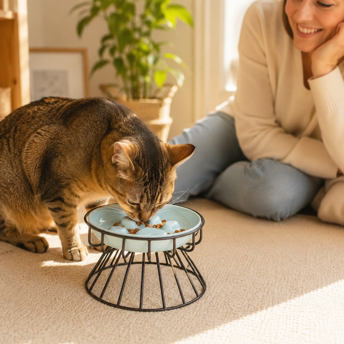 Gamelle anti glouton chat bleue femme heureuse regarde chat manger