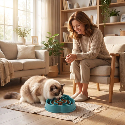 Gamelle anti glouton chat bleue femme souriante observe chat manger