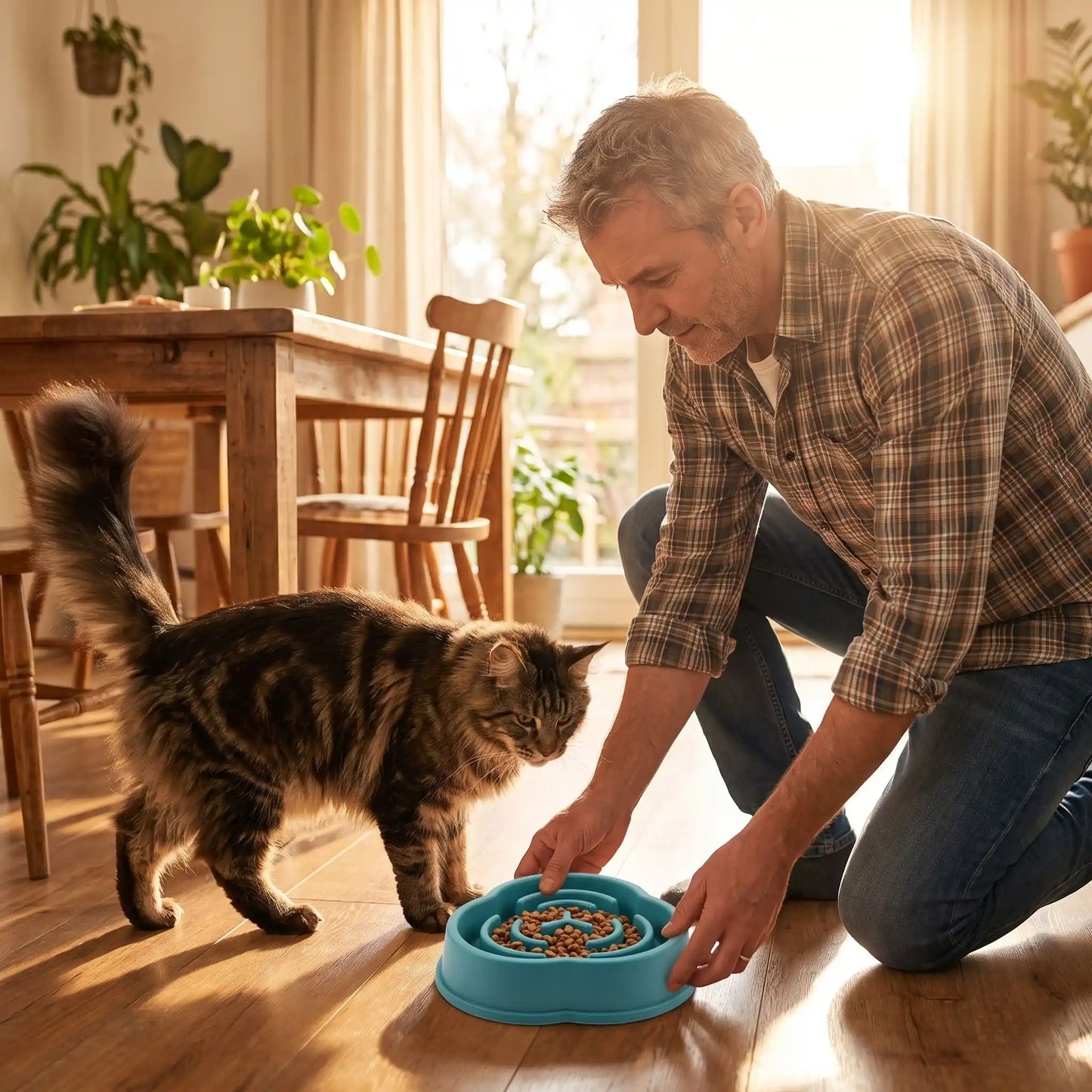 Gamelle anti glouton chat bleue homme servant croquettes au chat
