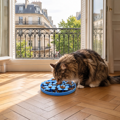 Gamelle anti-glouton chat bleue relief fleur chat mange