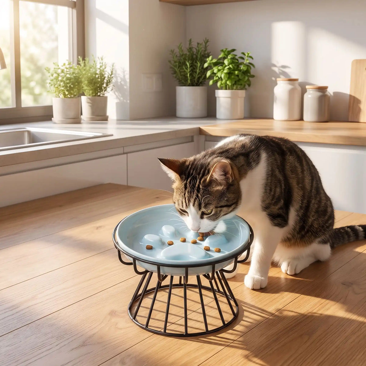Gamelle anti glouton chat céramique bleue chat mange dans cuisine