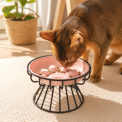 Gamelle anti glouton chat céramique rose chat roux mange croquettes