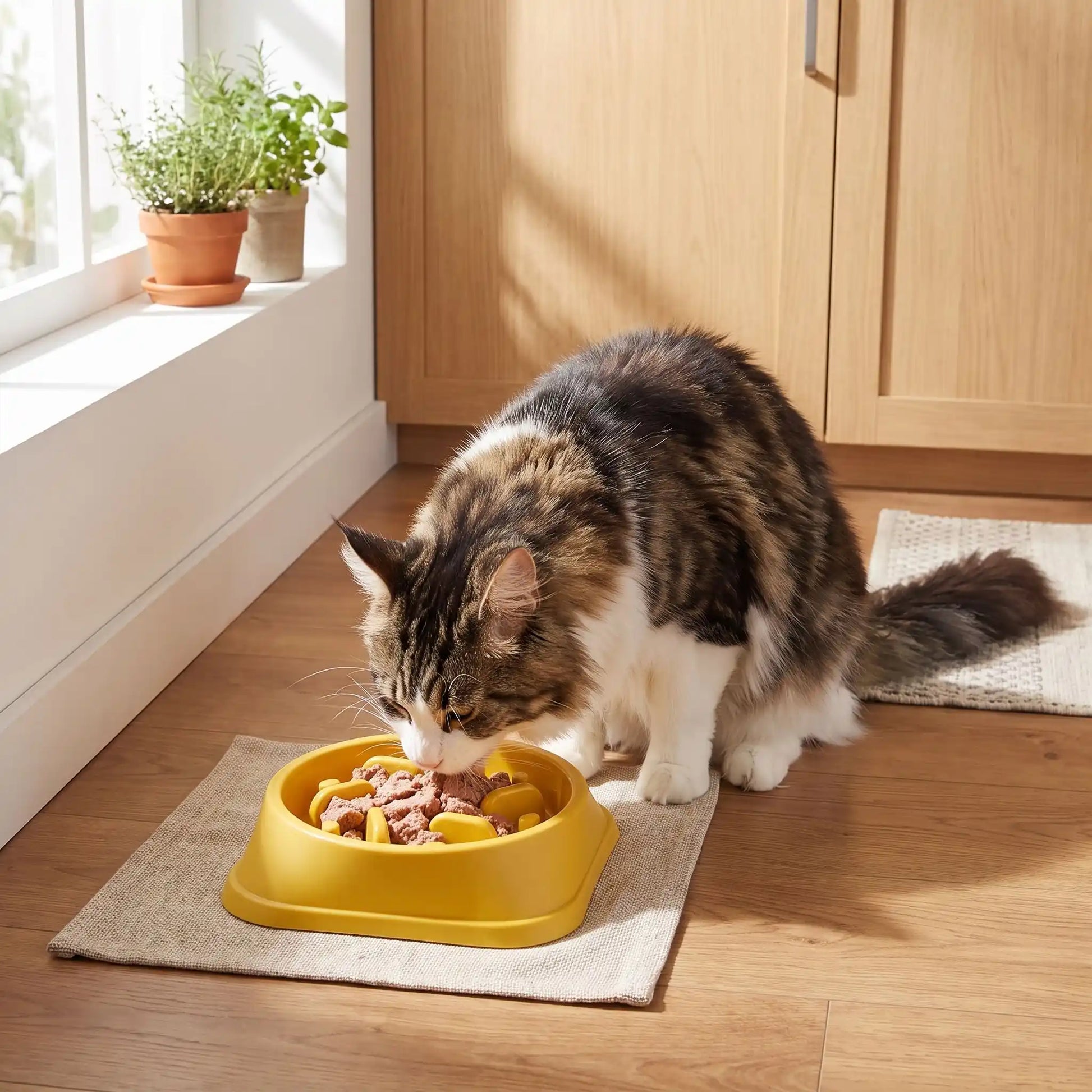 Gamelle anti glouton chat jaune chat mange pâtée