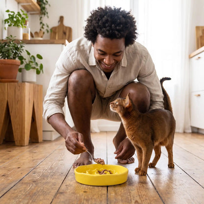 Gamelle anti-glouton chat jaune homme sert pâtée au chat