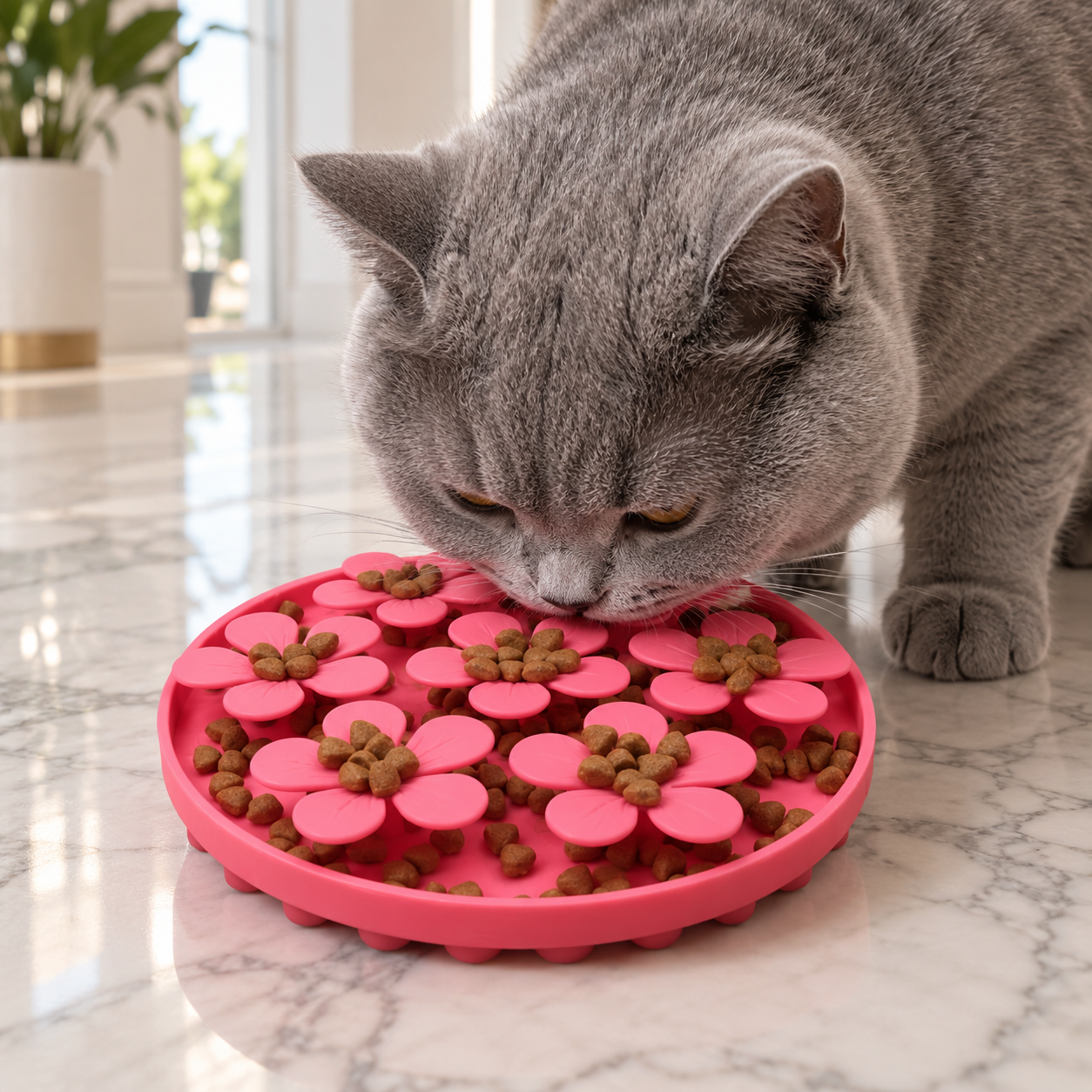 Gamelle anti-glouton chat rose antidérapante chat mange croquettes