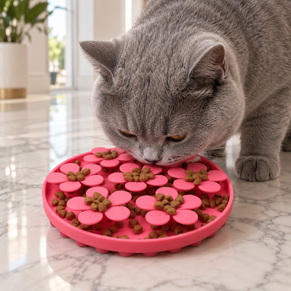 Gamelle anti-glouton chat rose antidérapante chat mange croquettes
