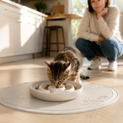 Gamelle anti glouton chaton blanche chaton mange femme surveille