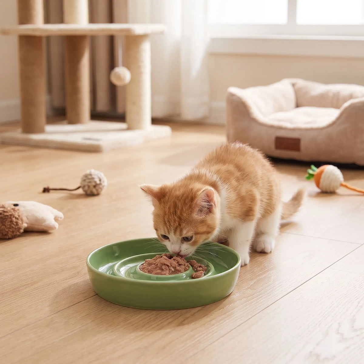 Gamelle anti glouton chaton céramique verte chaton mange pâtée
