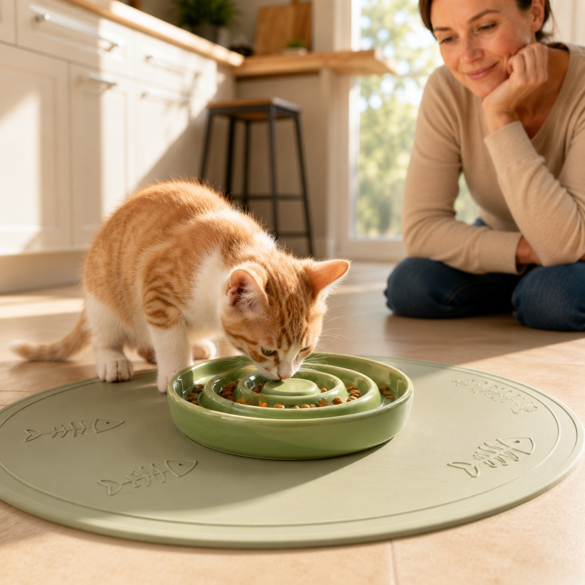 Gamelle anti glouton chaton verte femme observe chaton manger