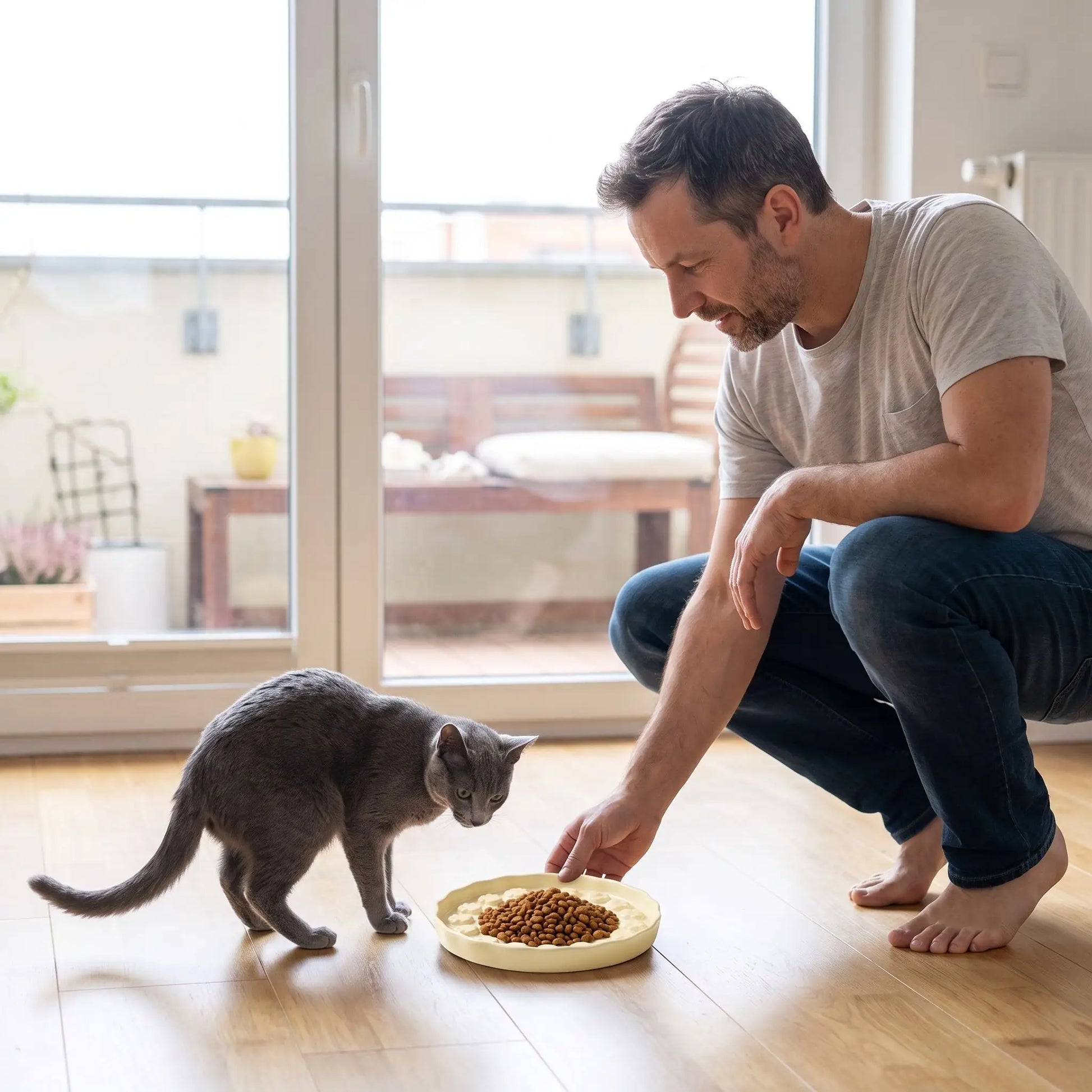 Gamelle anti glouton pour chat beige homme servant croquettes