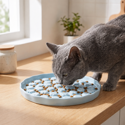 Gamelle anti glouton pour chat bleue chat mange croquettes