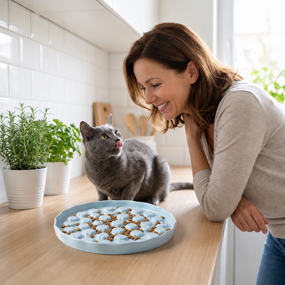 Gamelle anti glouton pour chat bleue devant chat rassasie