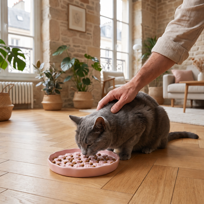 Gamelle anti glouton pour chat rose chat mange dans salon