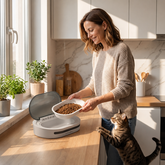 Gamelle automatique chat avec femme servant chat croquettes